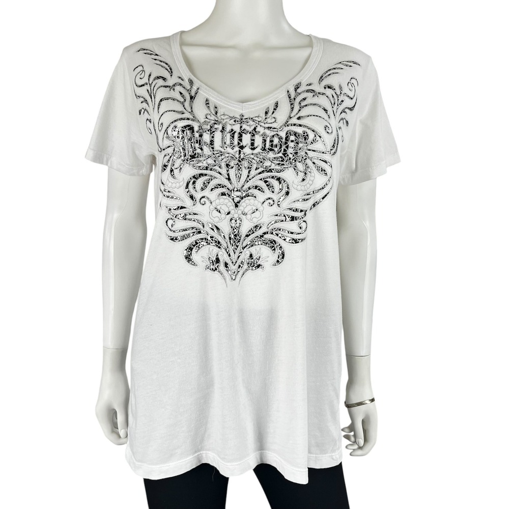 Affliction Shirt Womens‎ Large White Annabeth V Neck Short Sleeve Racerback